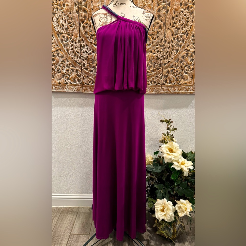 Bel Kazan Fuchsia One Beaded Strap & Trim, Chiffon Overlay, Rayon/Spandex Maxi